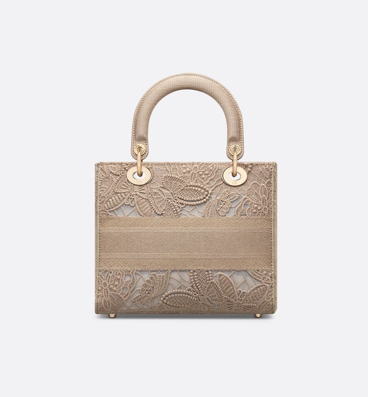 Medium Lady D-Lite Bag • Beige D-Lace Butterfly Embroidery with Macramé Effect