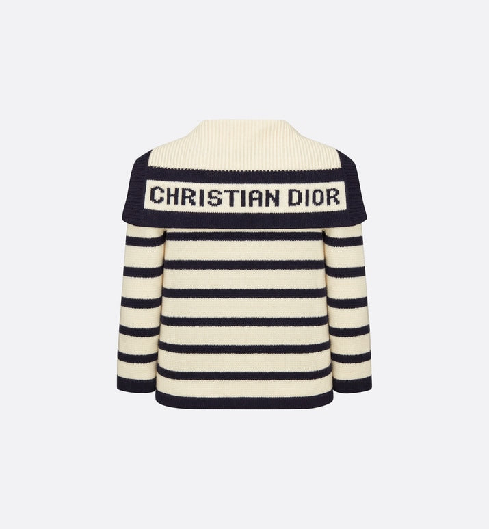 Dior Marinière Cardigan • Navy Blue and Ecru Virgin Wool and Cashmere Knit with D-Stripes Motif