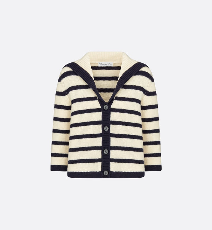 Dior Marinière Cardigan • Navy Blue and Ecru Virgin Wool and Cashmere Knit with D-Stripes Motif