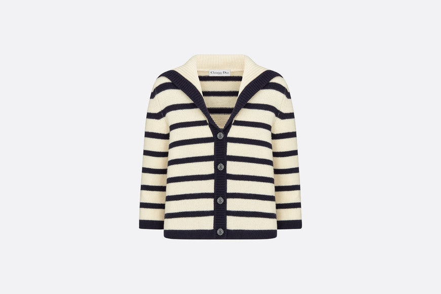 Dior Marinière Cardigan • Navy Blue and Ecru Virgin Wool and Cashmere Knit with D-Stripes Motif