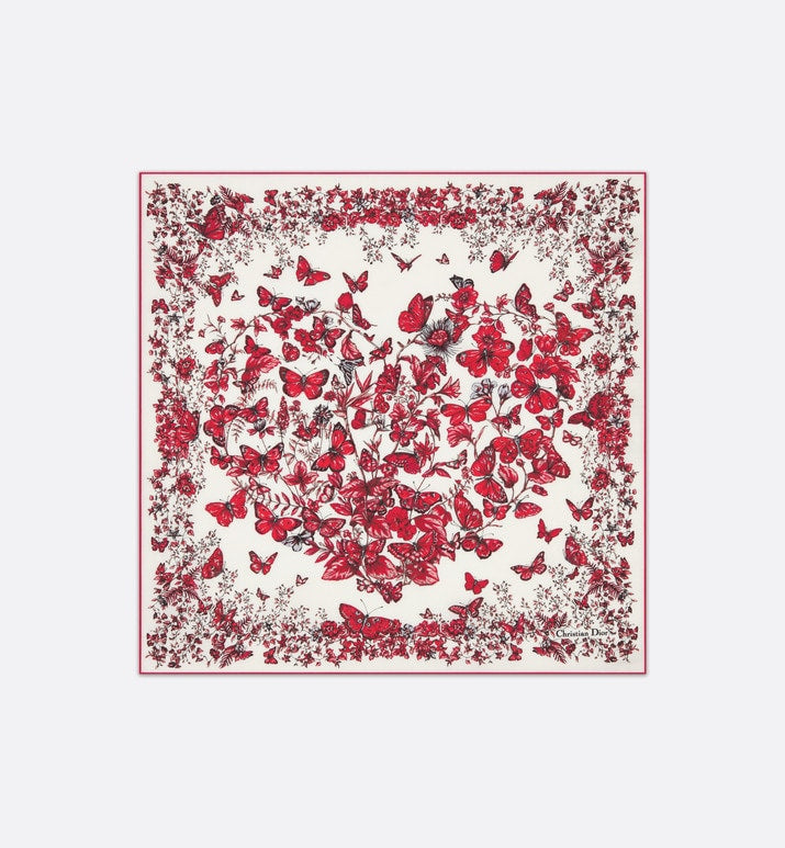 Le Cœur des Papillons 70 Square Scarf • White and Red Silk Twill