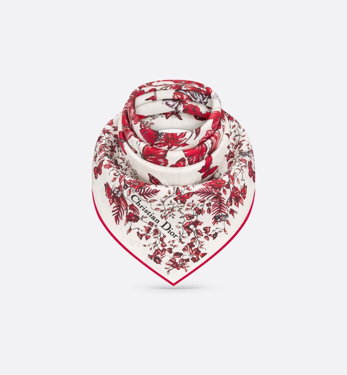 Le Cœur des Papillons 70 Square Scarf • White and Red Silk Twill