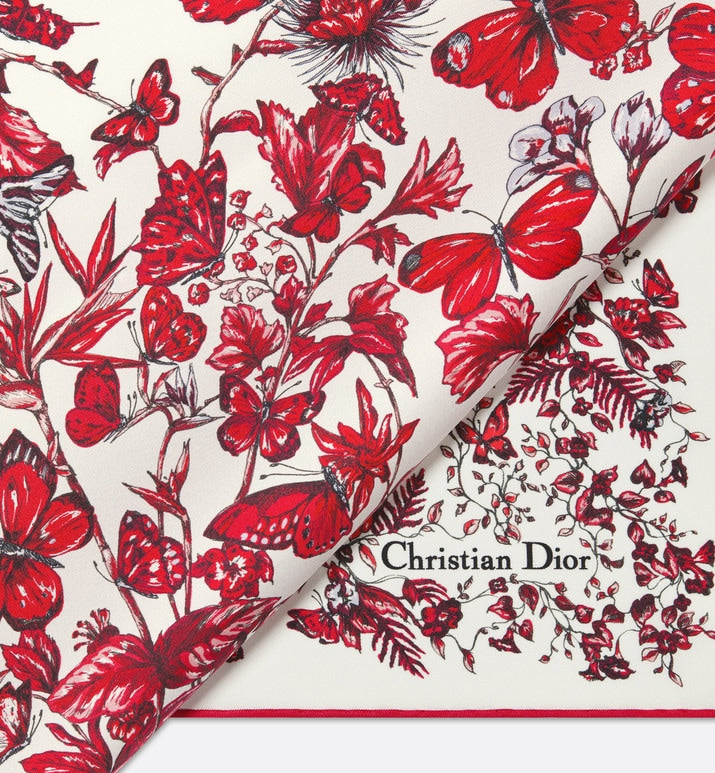 Le Cœur des Papillons 70 Square Scarf • White and Red Silk Twill