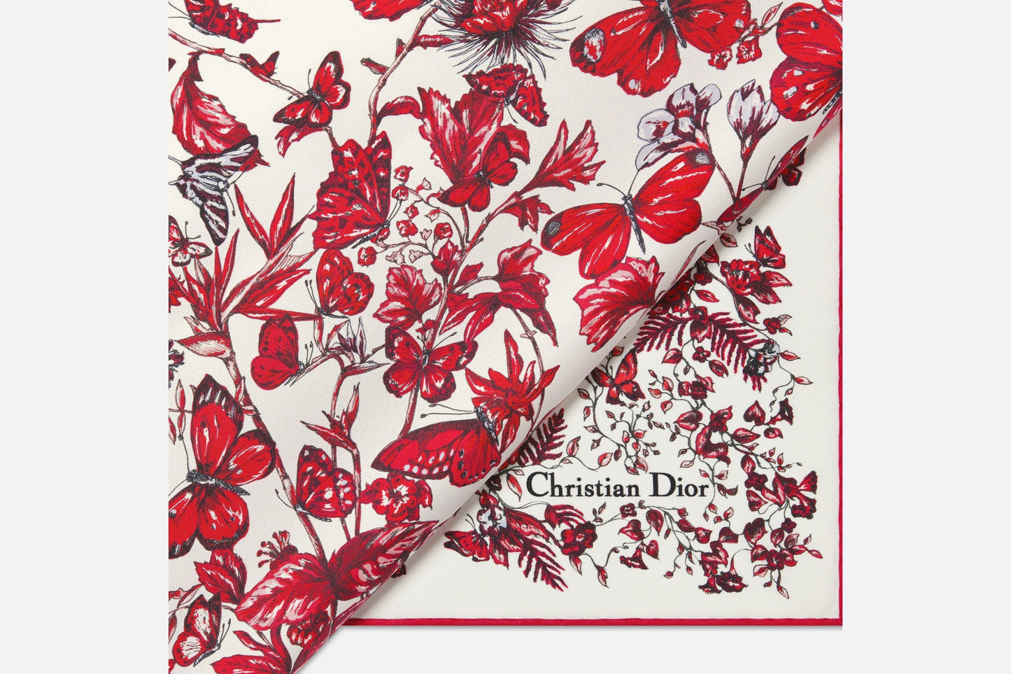 Le Cœur des Papillons 70 Square Scarf • White and Red Silk Twill