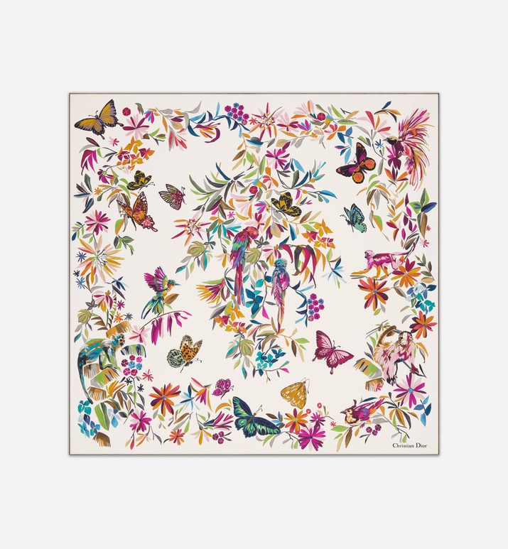 Toile de Jouy Fantastica 90 Square Scarf • White Multicolor Silk Twill