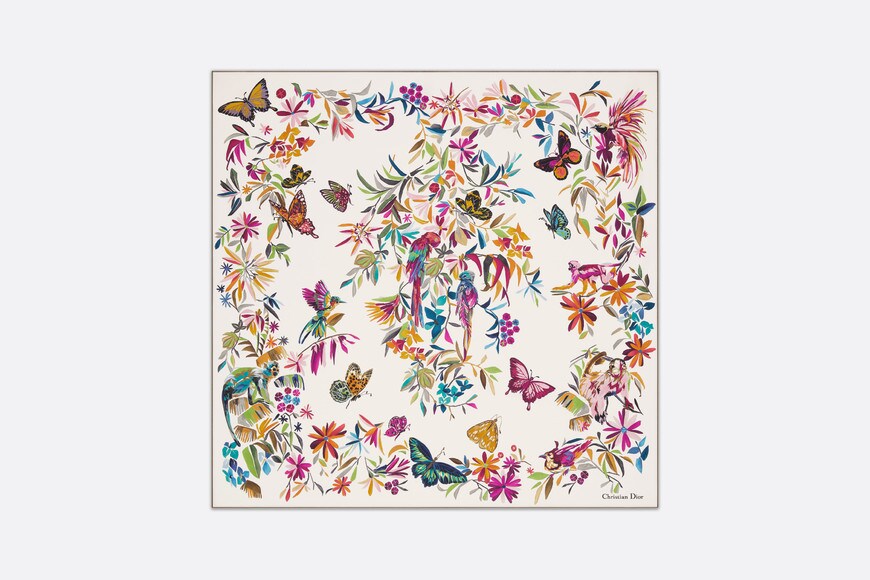 Toile de Jouy Fantastica 90 Square Scarf • White Multicolor Silk Twill