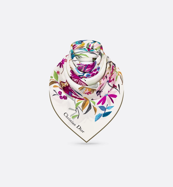 Toile de Jouy Fantastica 90 Square Scarf • White Multicolor Silk Twill