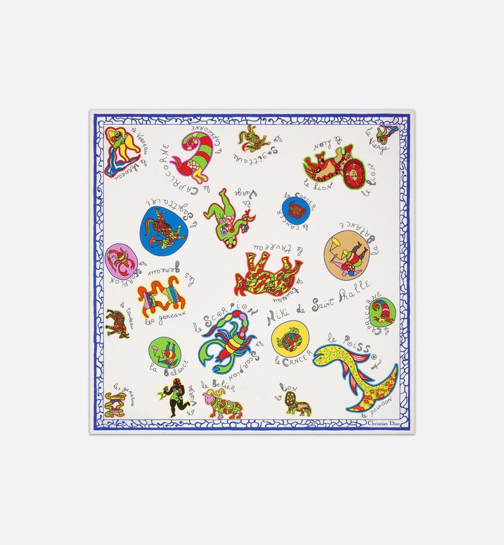 Niki de Saint Phalle Dragon Zodiac 70 Square Scarf • White Multicolor Silk Twill