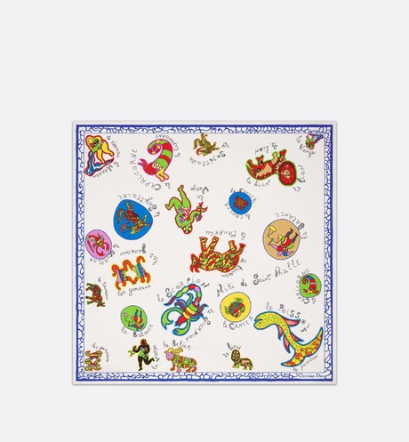 Niki de Saint Phalle Dragon Zodiac 70 Square Scarf • White Multicolor Silk Twill