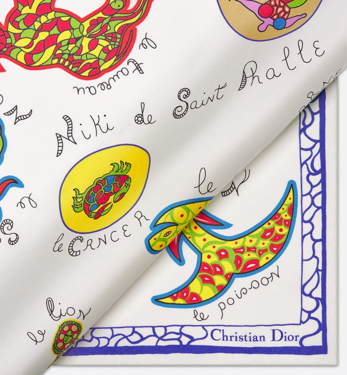 Niki de Saint Phalle Dragon Zodiac 70 Square Scarf • White Multicolor Silk Twill