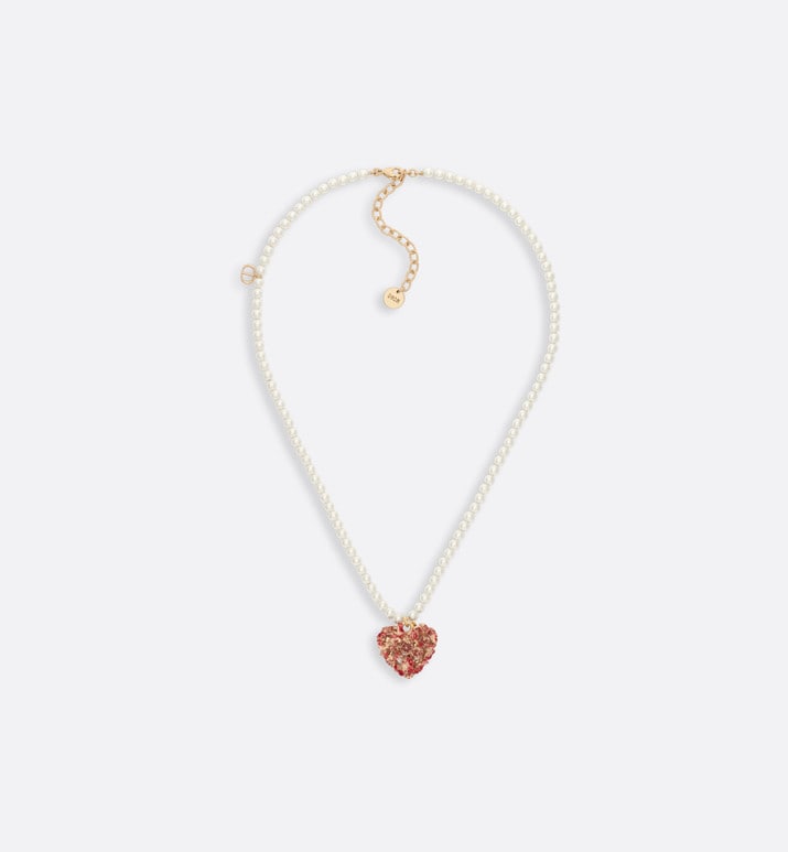 Le Cœur des Papillons Necklace • Gold-Finish Metal with White Resin Pearls and Red Lacquer