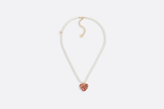 Le Cœur des Papillons Necklace • Gold-Finish Metal with White Resin Pearls and Red Lacquer
