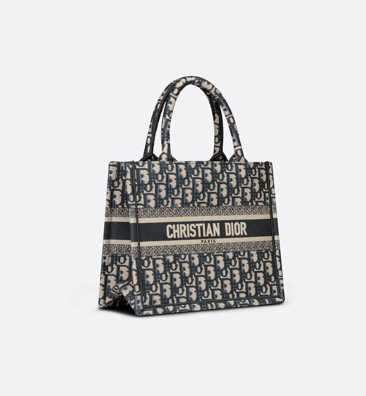 Small Dior Book Tote • Ecru and Blue Dior Oblique Embroidery (26.5 x 21 x 14 cm)