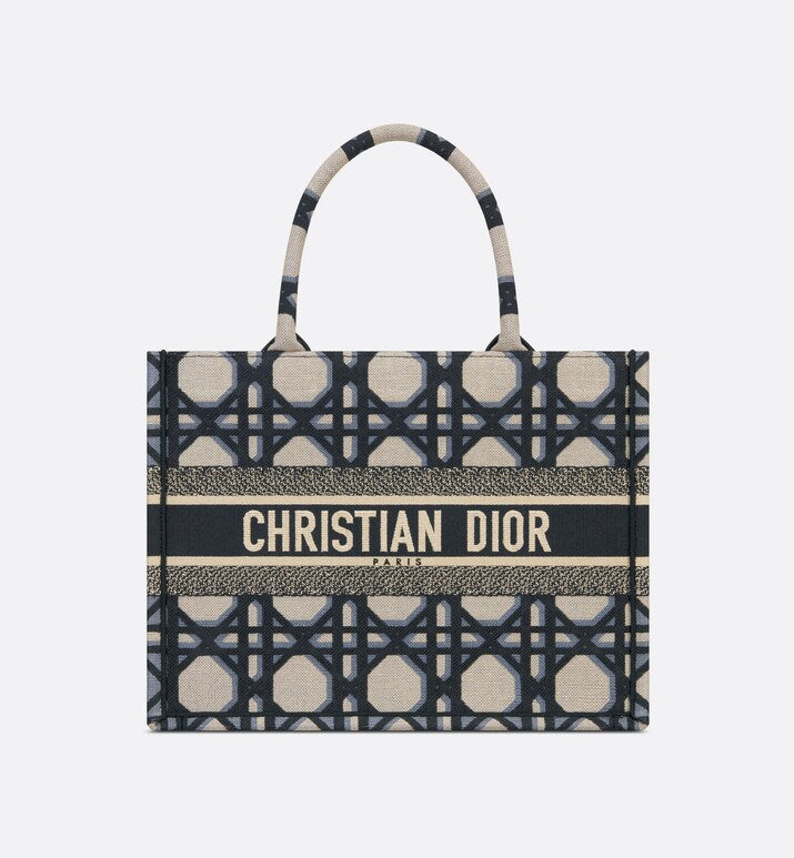 Medium Dior Book Tote • Beige and Blue Macrocannage Embroidery (36 x 27.5 x 16.5 cm)