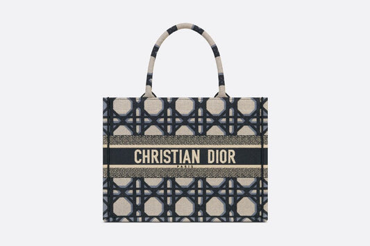 Medium Dior Book Tote • Beige and Blue Macrocannage Embroidery (36 x 27.5 x 16.5 cm)
