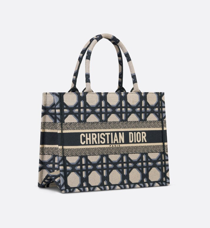 Medium Dior Book Tote • Beige and Blue Macrocannage Embroidery (36 x 27.5 x 16.5 cm)