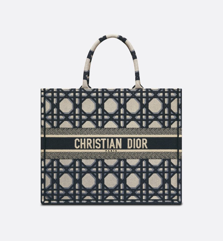 Large Dior Book Tote • Beige and Blue Macrocannage Embroidery (42 x 35 x 18.5 cm)