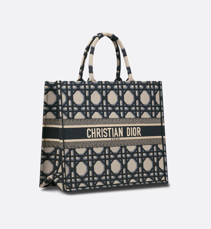 Large Dior Book Tote • Beige and Blue Macrocannage Embroidery (42 x 35 x 18.5 cm)
