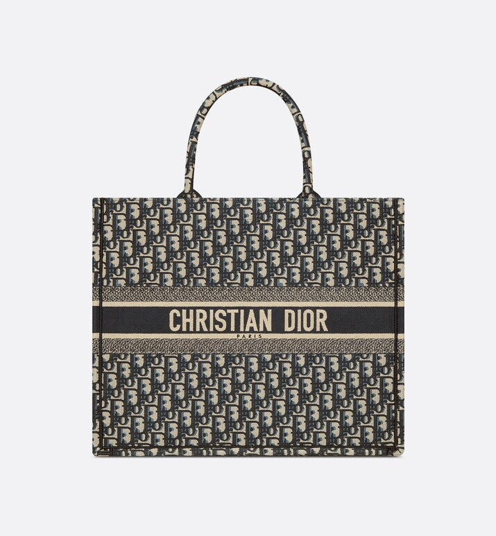 Large Dior Book Tote • Ecru and Blue Dior Oblique Embroidery (42 x 35 x 18.5 cm)