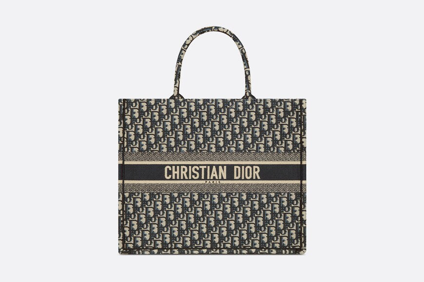 Large Dior Book Tote • Ecru and Blue Dior Oblique Embroidery (42 x 35 x 18.5 cm)