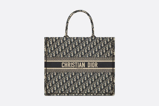 Large Dior Book Tote • Ecru and Blue Dior Oblique Embroidery (42 x 35 x 18.5 cm)