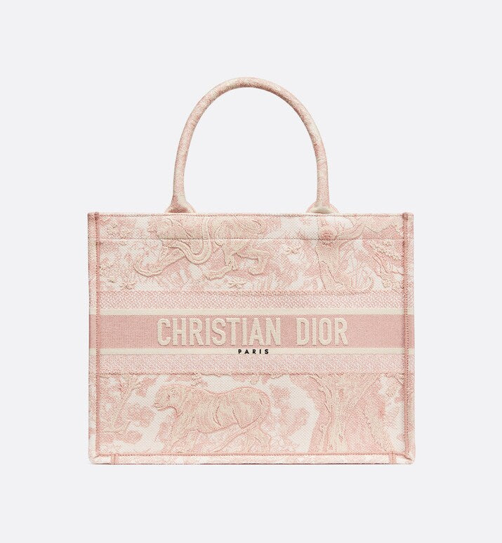 Medium Dior Book Tote • Ecru and Pink Toile de Jouy Embroidery (36 x 27.5 x 16.5 cm)