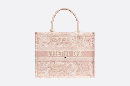 Medium Dior Book Tote • Ecru and Pink Toile de Jouy Embroidery (36 x 27.5 x 16.5 cm)