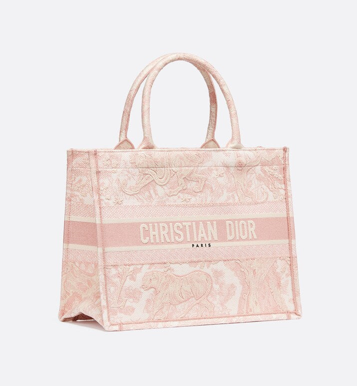 Medium Dior Book Tote • Ecru and Pink Toile de Jouy Embroidery (36 x 27.5 x 16.5 cm)