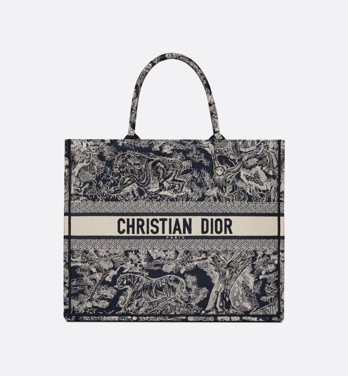 Large Dior Book Tote • Blue and Ecru Toile de Jouy Reverse Embroidery (42 x 35 x 18.5 cm)