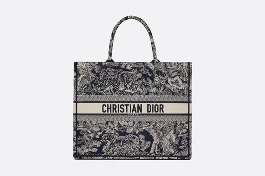 Large Dior Book Tote • Blue and Ecru Toile de Jouy Reverse Embroidery (42 x 35 x 18.5 cm)