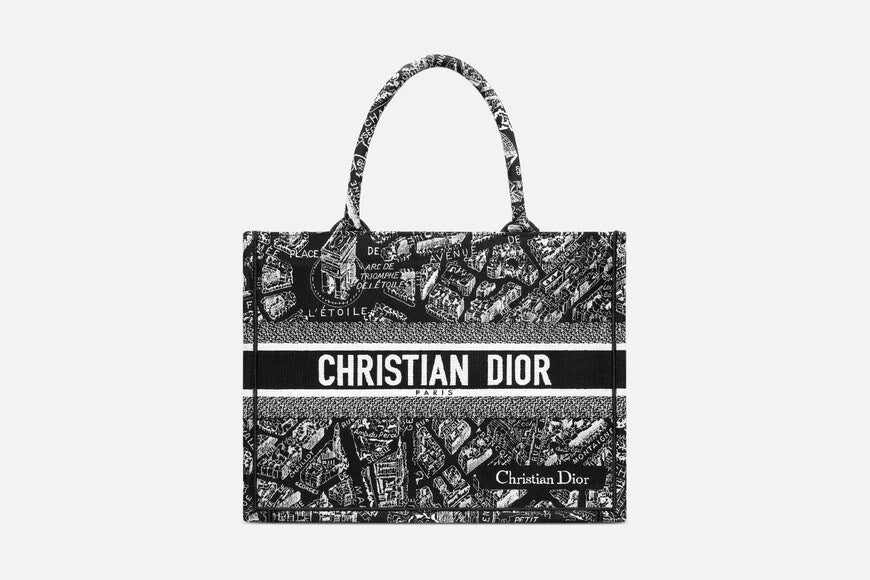 Medium Dior Book Tote • Black and White Plan de Paris Embroidery (36 x 27.5 x 16.5 cm)