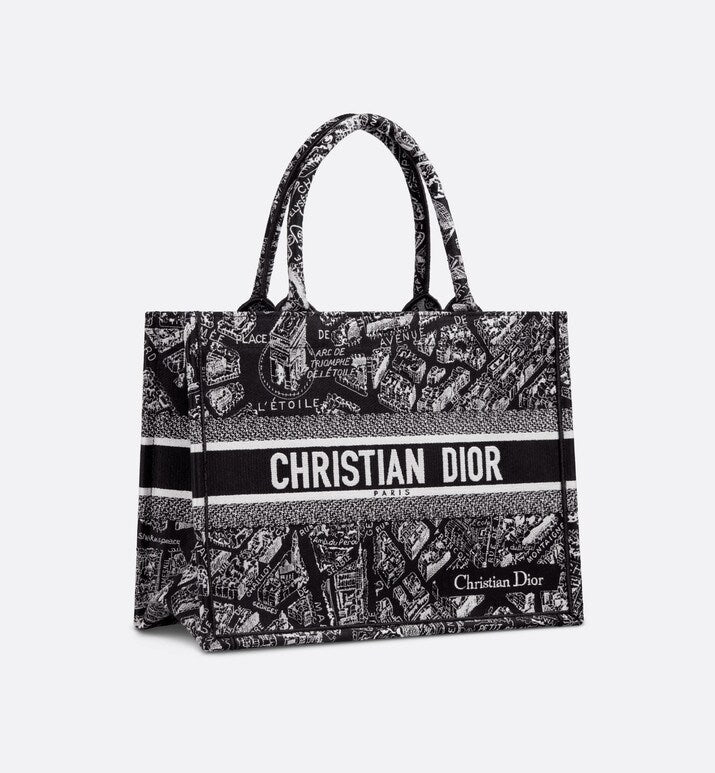 Medium Dior Book Tote • Black and White Plan de Paris Embroidery (36 x 27.5 x 16.5 cm)