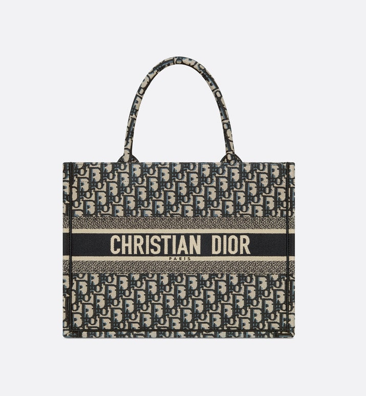 Medium Dior Book Tote • Ecru and Blue Dior Oblique Embroidery (36 x 27.5 x 16.5 cm)