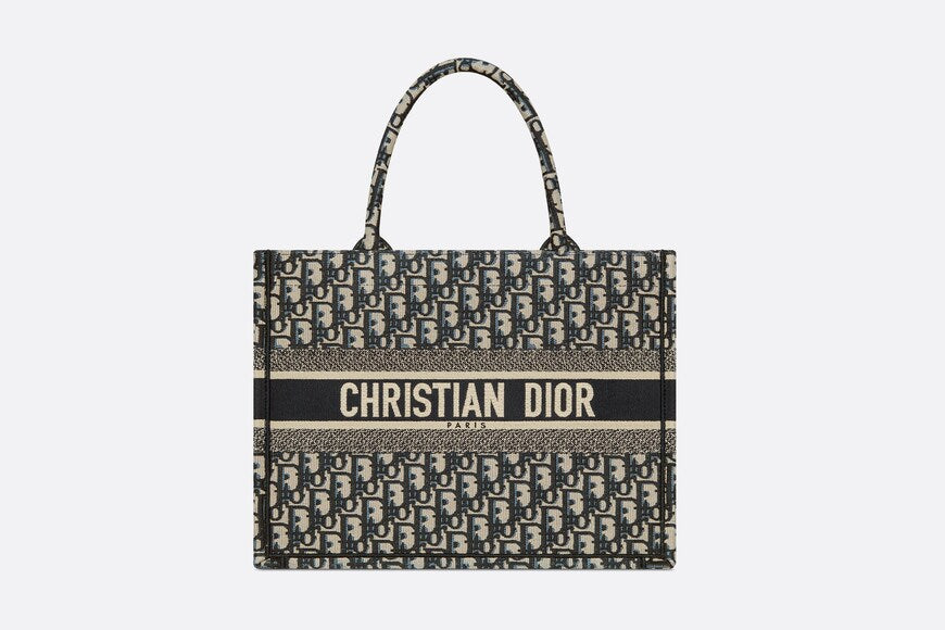 Medium Dior Book Tote • Ecru and Blue Dior Oblique Embroidery (36 x 27.5 x 16.5 cm)
