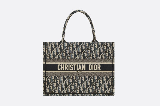 Medium Dior Book Tote • Ecru and Blue Dior Oblique Embroidery (36 x 27.5 x 16.5 cm)