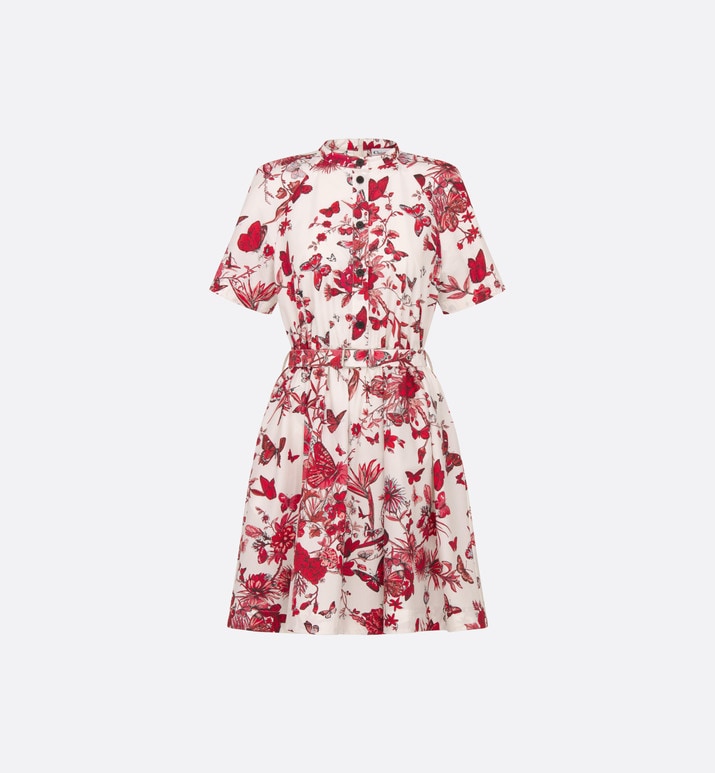 Belted Shirt Dress • White Cotton and Silk Poplin with Red Toile de Jouy Mexico Motif