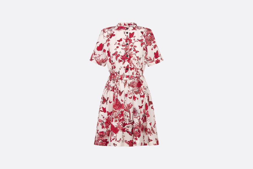 Belted Shirt Dress • White Cotton and Silk Poplin with Red Toile de Jouy Mexico Motif