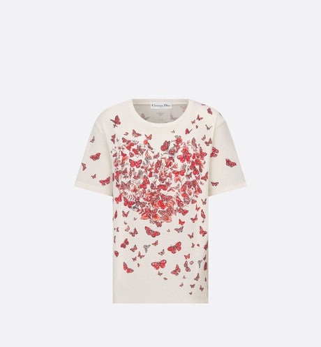 T-Shirt • White Cotton Jersey with Red Le Cœur des Papillons Motif