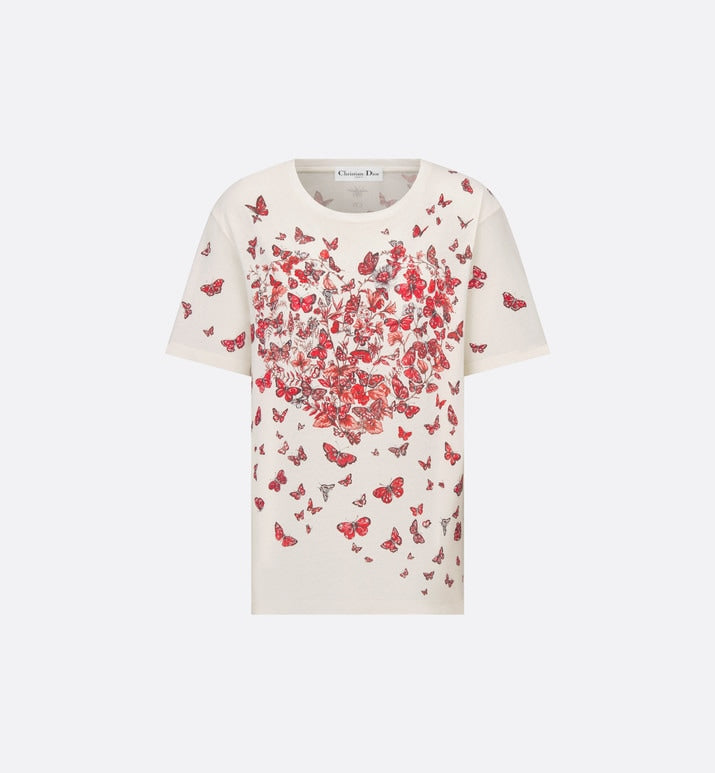 T-Shirt • White Cotton Jersey with Red Le Cœur des Papillons Motif