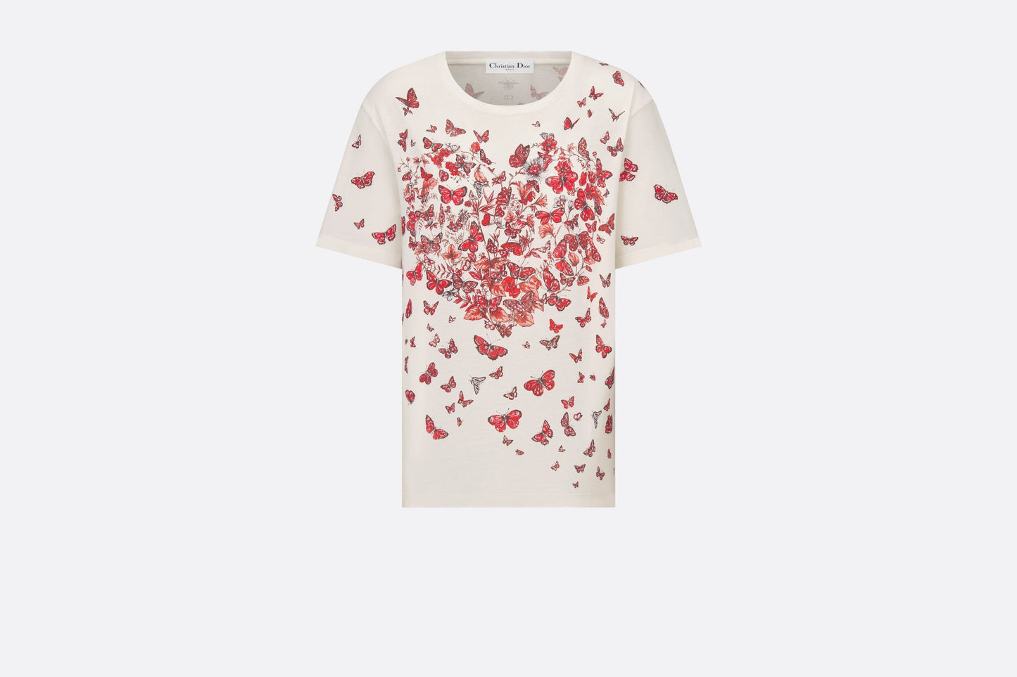 T-Shirt • White Cotton Jersey with Red Le Cœur des Papillons Motif