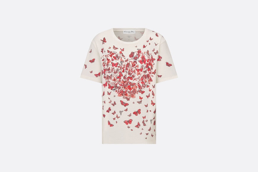 T-Shirt • White Cotton Jersey with Red Le Cœur des Papillons Motif