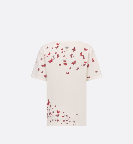 T-Shirt • White Cotton Jersey with Red Le Cœur des Papillons Motif