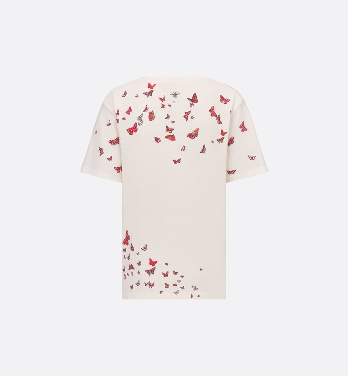 T-Shirt • White Cotton Jersey with Red Le Cœur des Papillons Motif