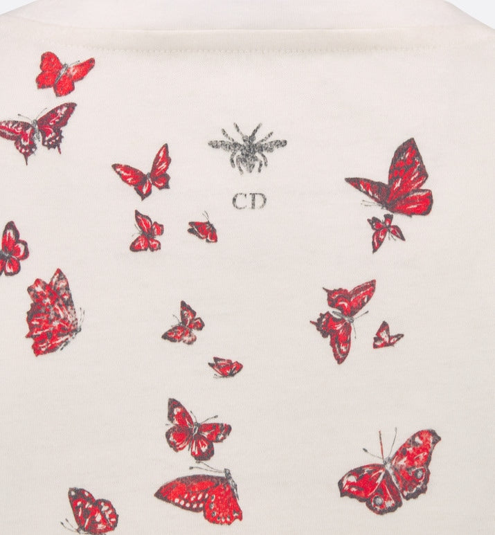T-Shirt • White Cotton Jersey with Red Le Cœur des Papillons Motif