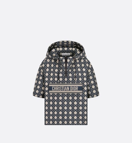 Macrocannage Short-Sleeved Hooded Short Anorak • Navy Blue Technical Taffeta