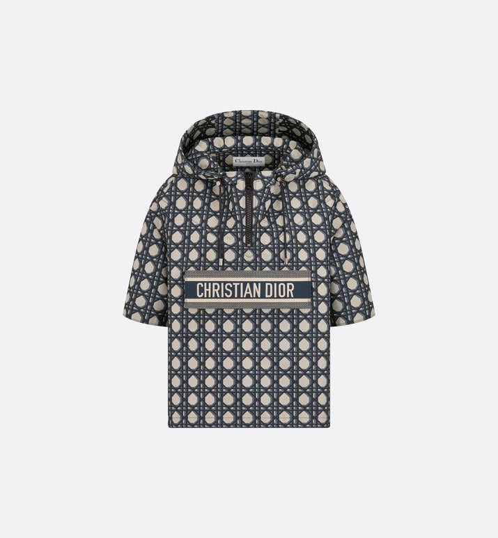 Macrocannage Short-Sleeved Hooded Short Anorak • Navy Blue Technical Taffeta