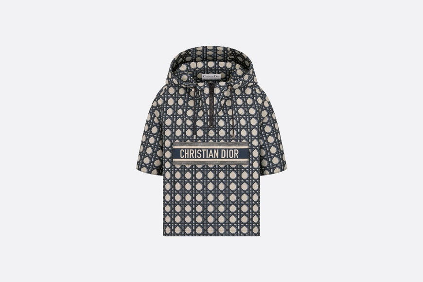 Macrocannage Short-Sleeved Hooded Short Anorak • Navy Blue Technical Taffeta