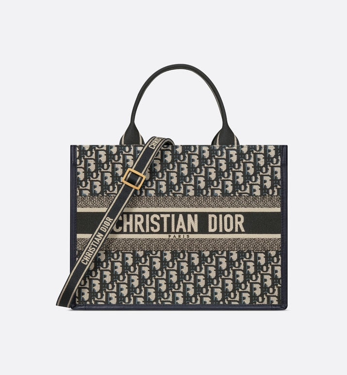 Medium Dior Book Tote • Blue Dior Oblique Embroidery and Calfskin (36.5 x 28 x 17.5 cm)