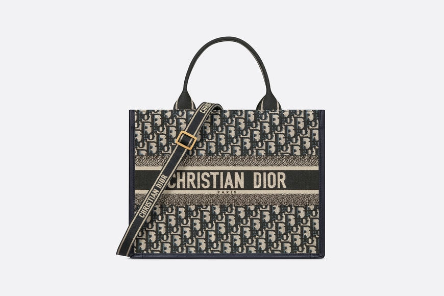 Medium Dior Book Tote • Blue Dior Oblique Embroidery and Calfskin (36.5 x 28 x 17.5 cm)
