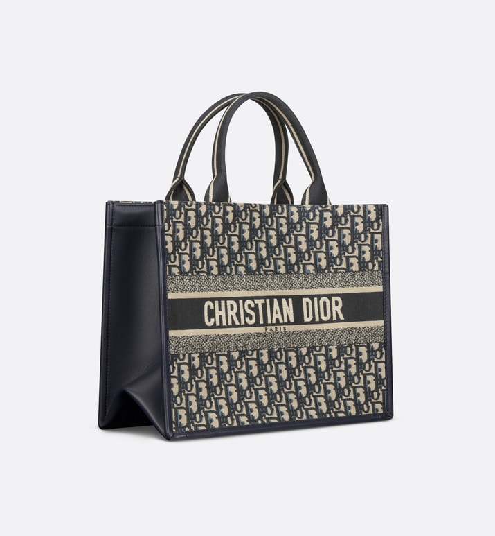 Medium Dior Book Tote • Blue Dior Oblique Embroidery and Calfskin (36.5 x 28 x 17.5 cm)